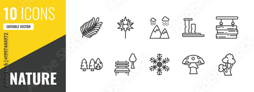nature outline icon set. 10 linear vector for ui, web and mobile. thin line fern, carnation, rainy landscape icons.