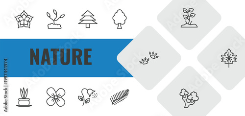 nature outline icon set. linear vector for ui, web and mobile. thin line japanese flower, grow plant, pine tree icons.