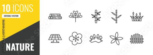 nature outline icon set. 10 linear vector for ui, web and mobile. thin line woods, obcordate, bamboo plant from japan icons.