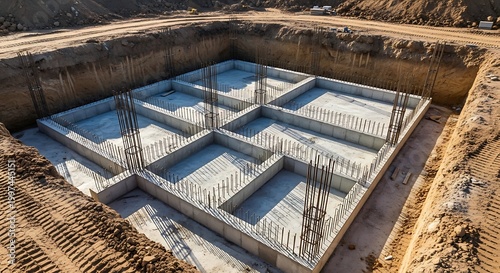 Construction site foundation with rebar.