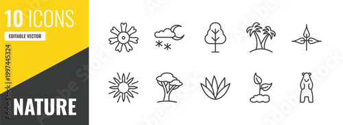 nature outline icon set. 10 linear vector for ui, web and mobile. thin line dianthus, night snow, birch icons.