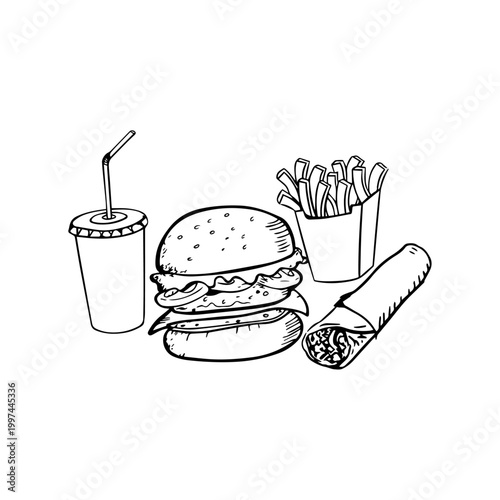 Burger french fries and soda drink with burrito meal.