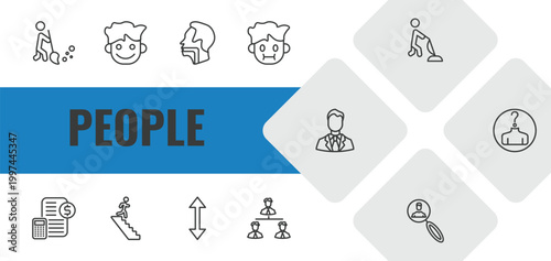 people outline icon set. linear vector for ui, web and mobile. thin line sweeper working, happy smile, throat icons.