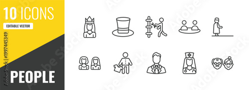 people outline icon set. 10 linear vector for ui, web and mobile. thin line princes, tall hat, plumber working icons.