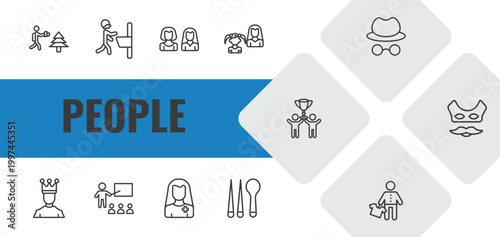 people outline icon set. linear vector for ui, web and mobile. thin line photographer working, man shaving, friends icons.
