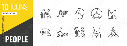 people outline icon set. 10 linear vector for ui, web and mobile. thin line help the elderly, man with target, throat icons.
