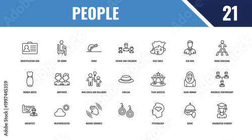 people outline icon set. linear vector for ui, web and mobile. thin line sit down, road crossing, team success icons.