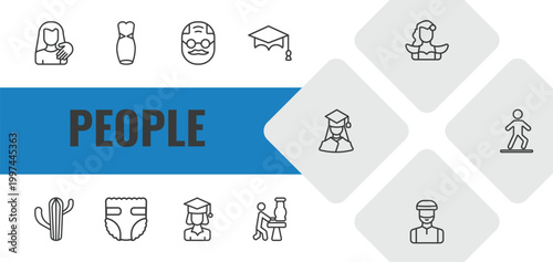 people outline icon set. linear vector for ui, web and mobile. thin line sexual harassment, women dress, elder icons.