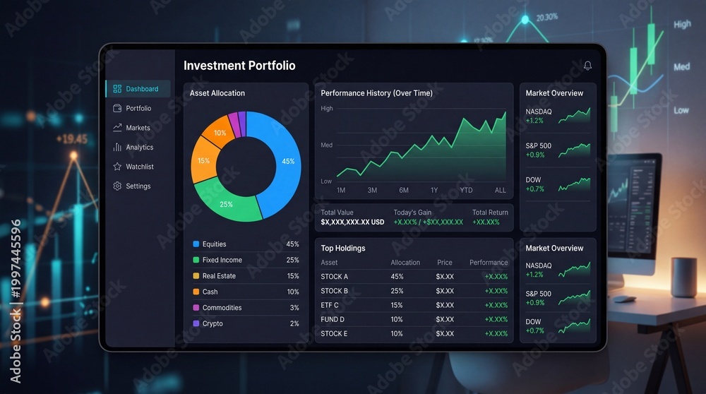 Fototapeta premium Investment platform user interface with colorful data visualizations showing growth trends and analytics in a dimly lit workspace