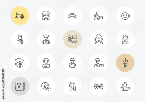 people outline icon set. linear vector for ui, web and mobile. thin line photographer working, aviation, surprised smile icons.