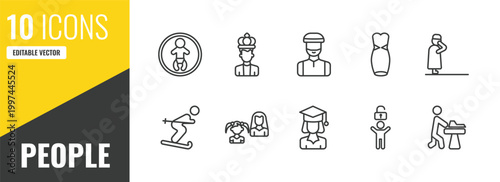 people outline icon set. 10 linear vector for ui, web and mobile. thin line baby zone, empress, muslim man icons.