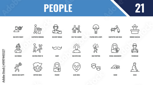 people outline icon set. linear vector for ui, web and mobile. thin line carpenter working, worker success, man partying icons.