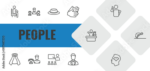 people outline icon set. linear vector for ui, web and mobile. thin line sit down, father and children, chilean icons.