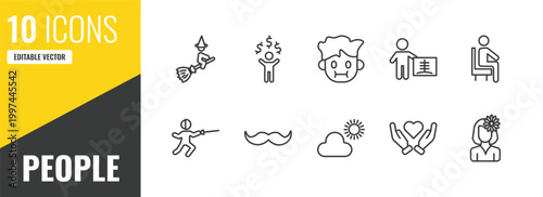 people outline icon set. 10 linear vector for ui, web and mobile. thin line witch flying broom, man with money, sick smile icons.