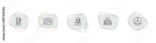 people outline icon set. linear vector for ui, web and mobile. thin line graduated student, identification ard, graduating woman icons.