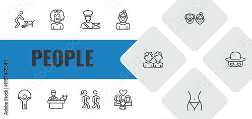people outline icon set. linear vector for ui, web and mobile. thin line feeding a dog, bearded woman, postman working icons.