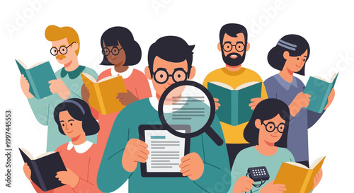 Diverse Group Engaged in Reading, Research, and Learning: Education, Knowledge & Digital Information Analysis Concept