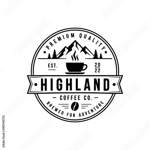 Highland coffee co logo with mountains and coffee cup.