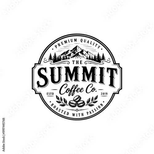 A vintage style black and white circular logo for the summit coffee co with mountains and coffee beans.