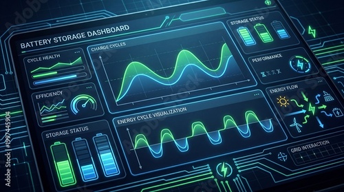 An advanced technological display of battery storage metrics and data visualizations in vibrant colors