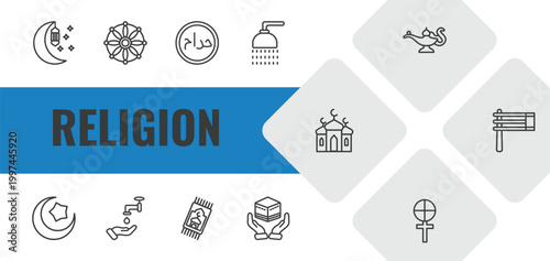 religion outline icon set. linear vector for ui, web and mobile. thin line ramadan month, dharma, haram icons.