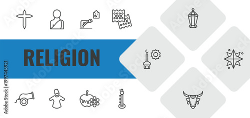 religion outline icon set. linear vector for ui, web and mobile. thin line cross, buddhist monk, ruku posture icons.