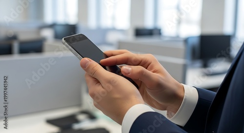 Close-up of hands in suit jacket using smartphone in modern office