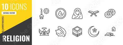 religion outline icon set. 10 linear vector for ui, web and mobile. thin line zuhr prayer, asceticism, hijab icons.