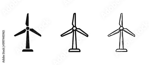 Wind Turbine Renewable Energy Icons Set - Solid, Outline, and Hand-Drawn Styles