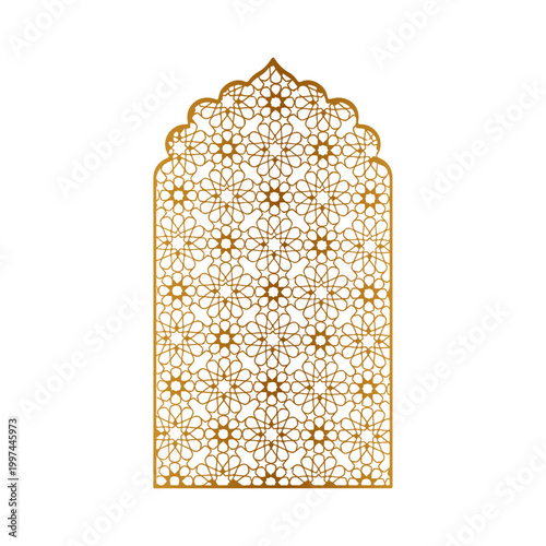 Golden islamic arch with intricate geometric pattern traditional arabic ornament for design elements.