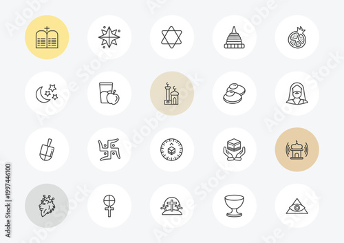 religion outline icon set. linear vector for ui, web and mobile. thin line commandments, star and crescent moon, dreidel icons.