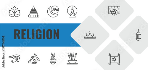religion outline icon set. linear vector for ui, web and mobile. thin line lotus, doi suthep, islamic halal icons.