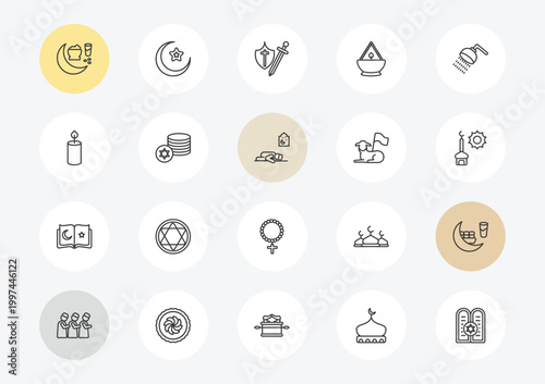 religion outline icon set. linear vector for ui, web and mobile. thin line ramadan fasting, candle, koran icons.