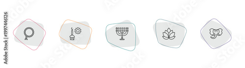 religion outline icon set. linear vector for ui, web and mobile. thin line prayer beads, zuhr prayer, jewish candles icons.