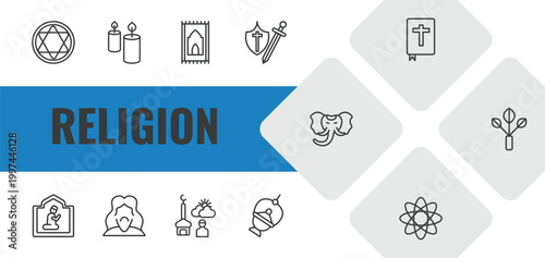 religion outline icon set. linear vector for ui, web and mobile. thin line blasphemy, candles, praying mat icons.