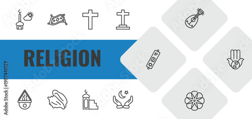 religion outline icon set. linear vector for ui, web and mobile. thin line assr, magic carpet, christian icons.