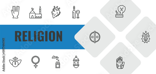 religion outline icon set. linear vector for ui, web and mobile. thin line ohr, medina, lion of judah icons.
