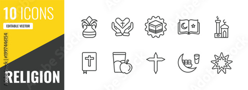 religion outline icon set. 10 linear vector for ui, web and mobile. thin line kalasha, faith, kaaba icons.