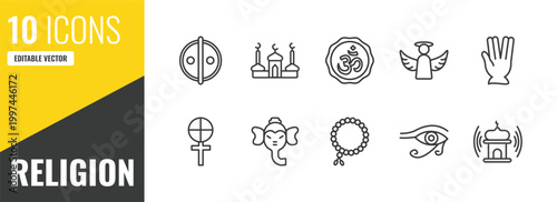 religion outline icon set. 10 linear vector for ui, web and mobile. thin line animism, mosque and minaret, hinduism icons.