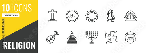 religion outline icon set. 10 linear vector for ui, web and mobile. thin line christianity, halal, buddhism icons.