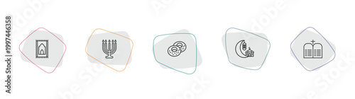 religion outline icon set. linear vector for ui, web and mobile. thin line praying mat, big menorah, jewish bagels icons.