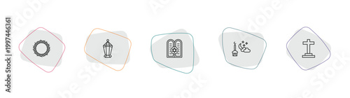 religion outline icon set. linear vector for ui, web and mobile. thin line crown of thorns, islamic lantern, halakha icons.