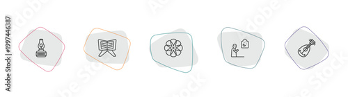 religion outline icon set. linear vector for ui, web and mobile. thin line old oil lamp, quran rehal, flowers icons.