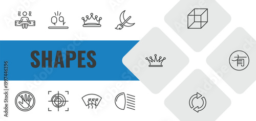 shapes outline icon set. linear vector for ui, web and mobile. thin line spa room, letter glow effect, prince crown icons.