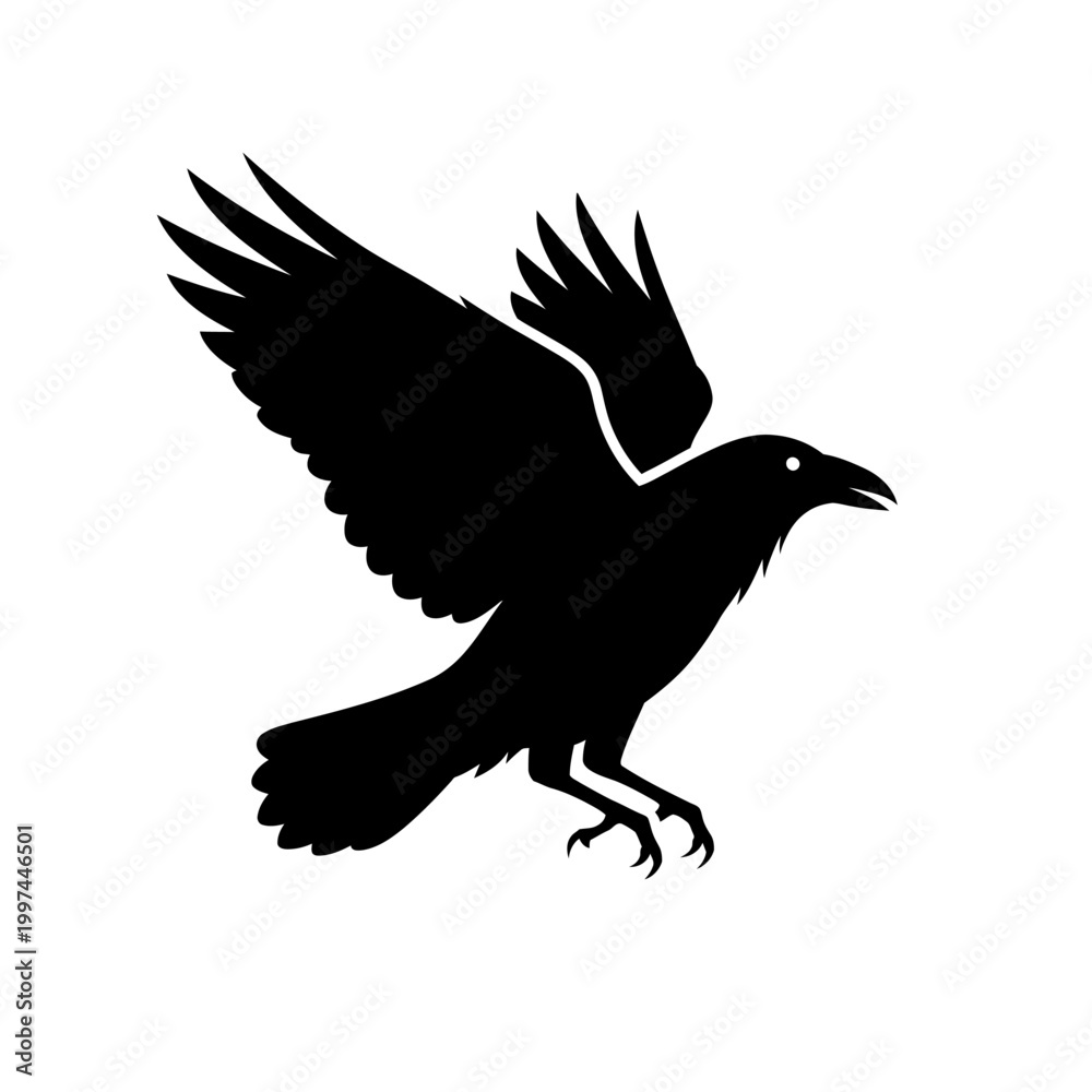 Fototapeta premium Silhouette of a raven in flight, wings spread, black bird against white background.