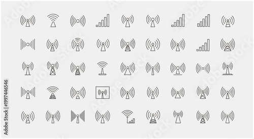 Collection of various radio wave signal icons for communication and technology.