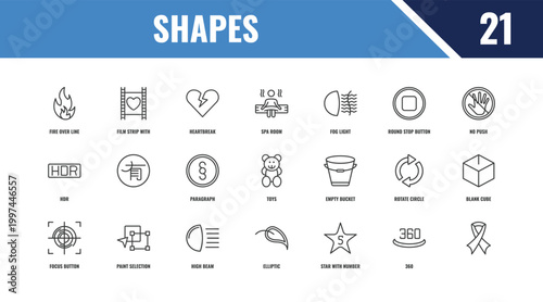 shapes outline icon set. linear vector for ui, web and mobile. thin line film strip with heart, no push, empty bucket icons.