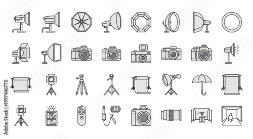 Collection of photography equipment and studio lighting tools in a line art style.