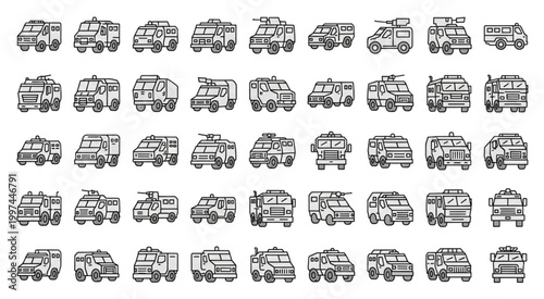 Collection of various military vehicles and armored trucks in a detailed illustration.