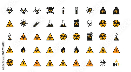Collection of various hazard warning symbols and signs for safety and awareness.
